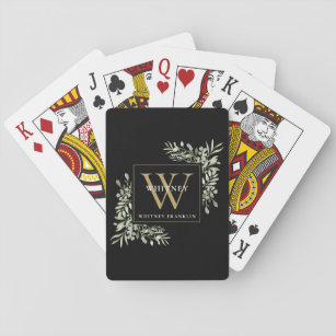 Gold Monogram Elegant Greenery Modern Black Playing Cards