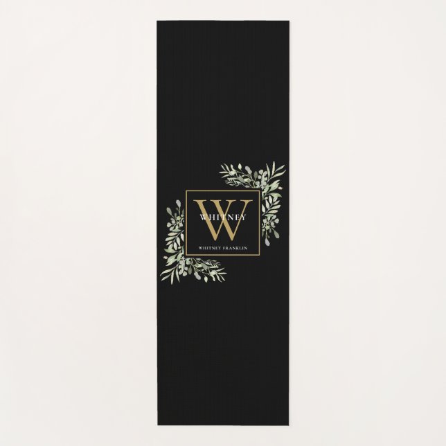 Gold Monogram Elegant Modern Greenery Black Yoga Mat (Front)
