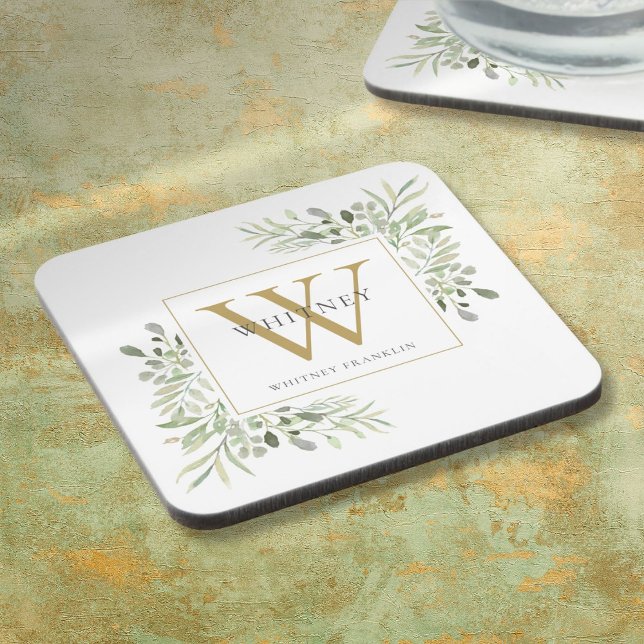 Gold Monogram Elegant Modern Greenery Coaster (Gold Monogram Elegant Modern Greenery Beverage Coaster)