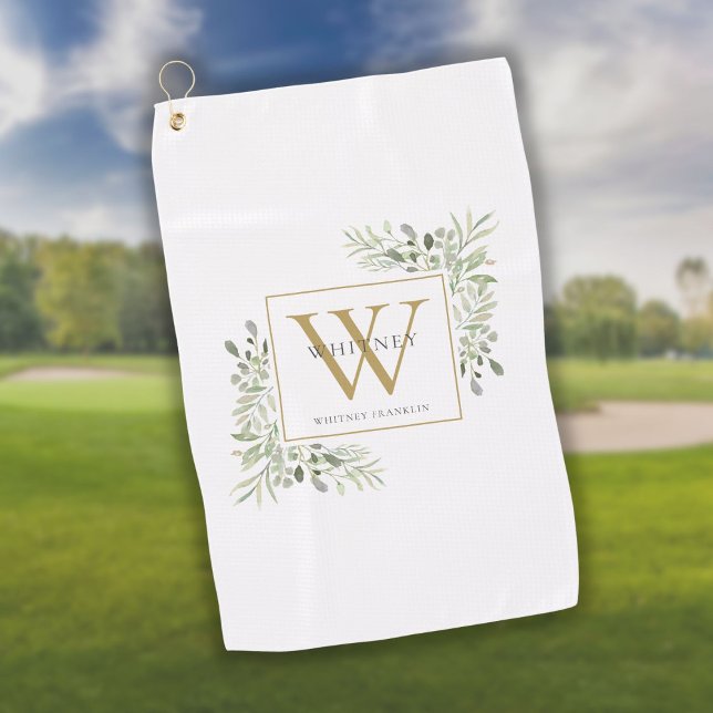Gold Monogram Elegant Modern Greenery Golf Towel (Creator Uploaded)