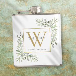 Gold Monogram Elegant Modern Greenery Hip Flask