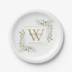 Gold Monogram Elegant Modern Greenery Paper Plate
