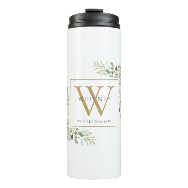Gold Monogram Elegant Modern Greenery Thermal Tumbler (Front)