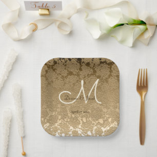 Gold Monogram Elegant Modern Wedding Paper Plate
