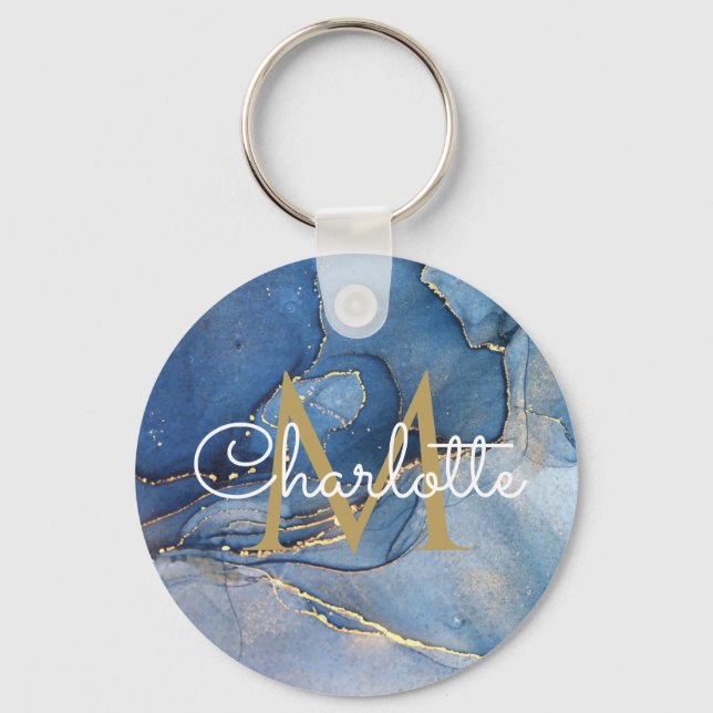 Gold Monogram Elegant Script Blue Agate Geode Key Ring (Front)