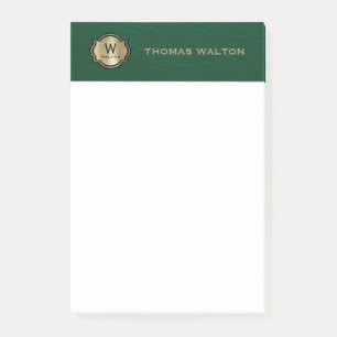 Gold Monogram Emerald Green Leather Look Elegant Post-it Notes