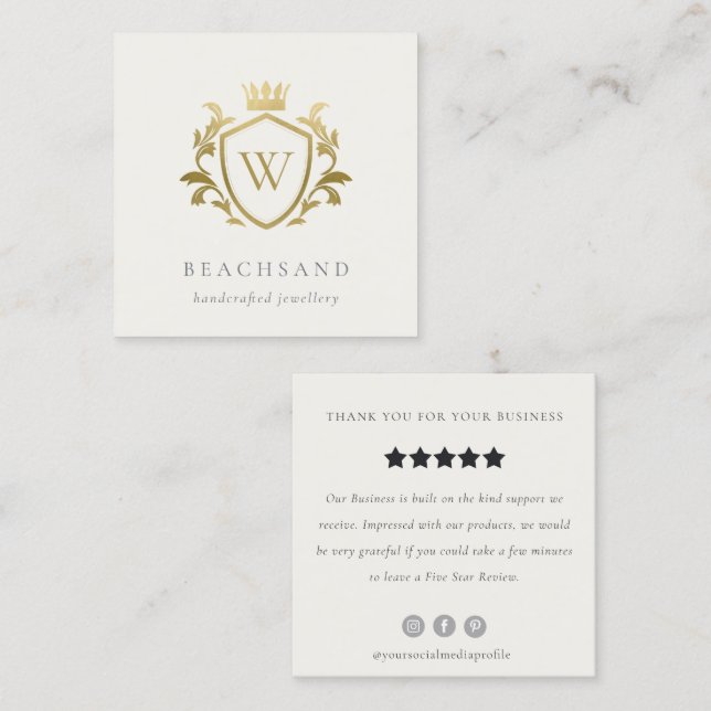 Gold Monogram Floral Crown Crest Review Request Square Business Card (Front/Back)
