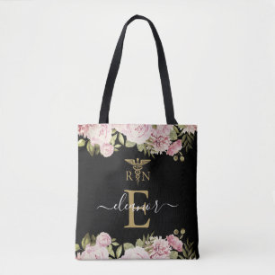 Gold Monogram Floral Registered Nurse Graduation T Tote Bag