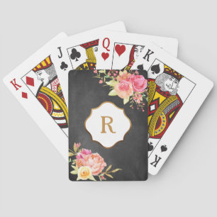 Gold Monogram & Florals on Textured Chalkboard Playing Cards