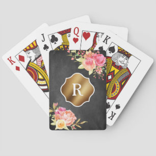 Gold Monogram & Florals on Textured Chalkboard Playing Cards