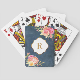 Gold Monogram Florals Vintage Blue Texture Playing Cards