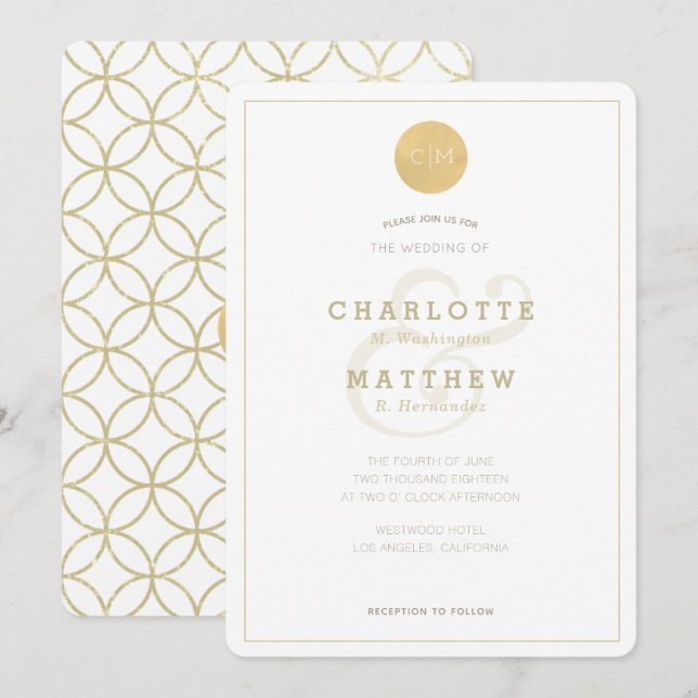 Gold Monogram Geometric Elegant Wedding Invitation (Front/Back)