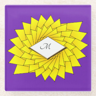 Gold Monogram Geometric Purple Star Flower Glass Coaster