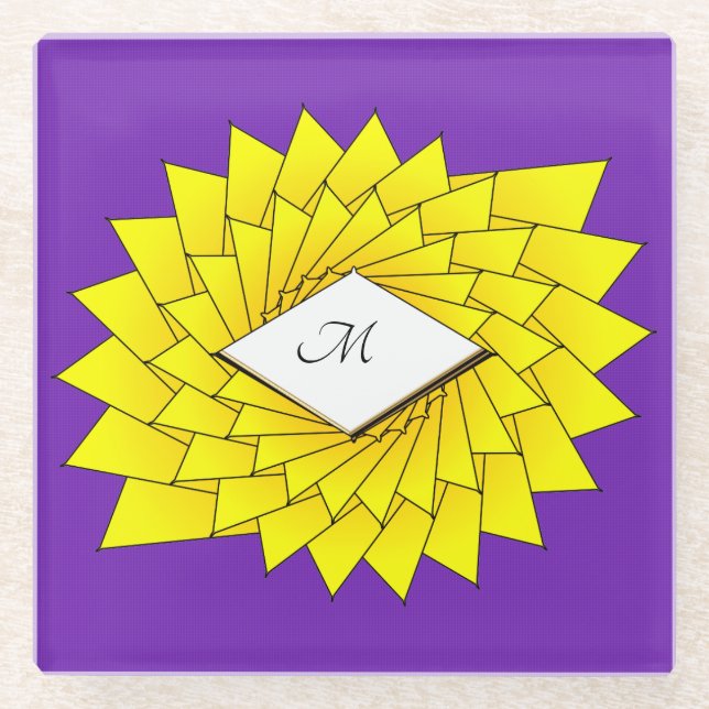 Gold Monogram Geometric Purple Star Flower Glass Coaster (Front)