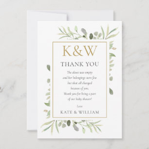 Gold Monogram Greenery Baby Shower Poem Thank You Card