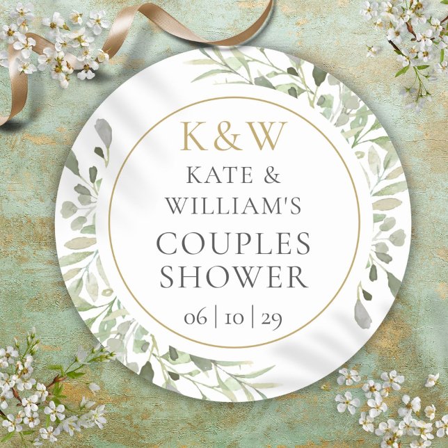 Gold Monogram Greenery Couples Bridal Shower Classic Round Sticker (Gold Monogram Greenery Couples Bridal Shower Classic Round Sticker)