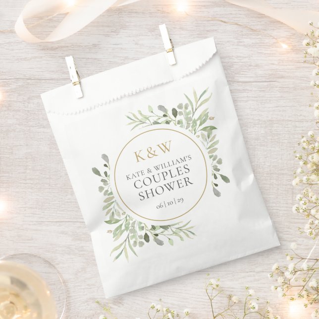 Gold Monogram Greenery Couples Wedding Shower Favour Bags (Clipped)
