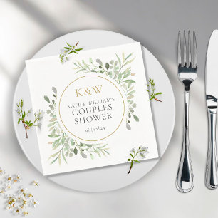 Gold Monogram Greenery Couples Wedding Shower Napkin