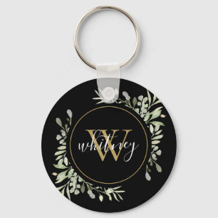 Gold Monogram Greenery Elegant Script Black Key Ring