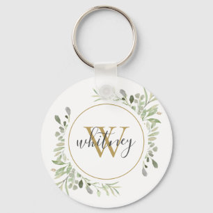 Gold Monogram Greenery Elegant Script Key Ring