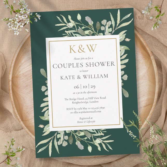Gold Monogram Greenery Emerald Couples Shower Invitation (Gold Monogram Greenery Emerald Couples Shower Invitation)