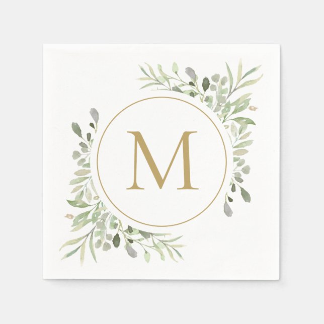 Gold  Monogram Greenery Eucalyptus Foliage Napkin (Front)