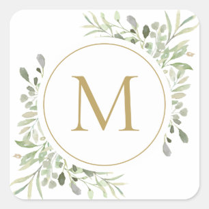 Gold Monogram Greenery Eucalyptus Foliage Square Sticker