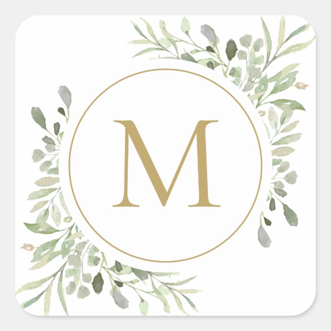 Gold Monogram Greenery Eucalyptus Foliage Square Sticker (Front)