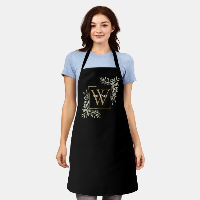 Gold Monogram Greenery Floral Elegant Black  Apron (Worn)