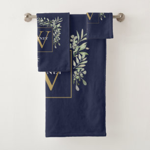 Gold Monogram Greenery Floral Navy Blue Bath Towel Set