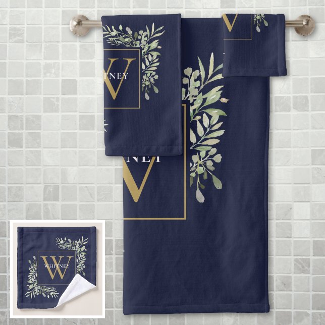 Gold Monogram Greenery Floral Navy Blue Bath Towel Set (Gold Monogram Greenery Floral Navy Blue Bath Towel Set)