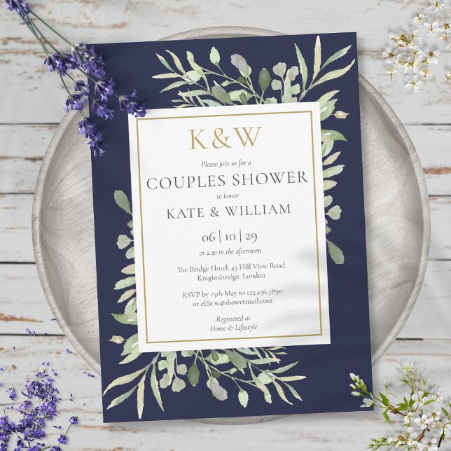 Gold Monogram Greenery Navy Blue Couples Shower Invitation (Gold Monogram Greenery Navy Blue Couples Shower Invitation)