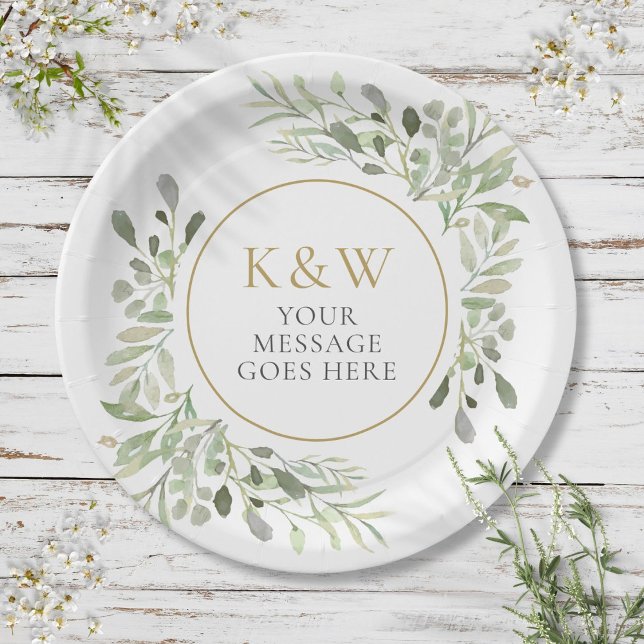 Gold Monogram Greenery Party Celebration Paper Plate (Gold Monogram Greenery Party Celebration Paper Plates)