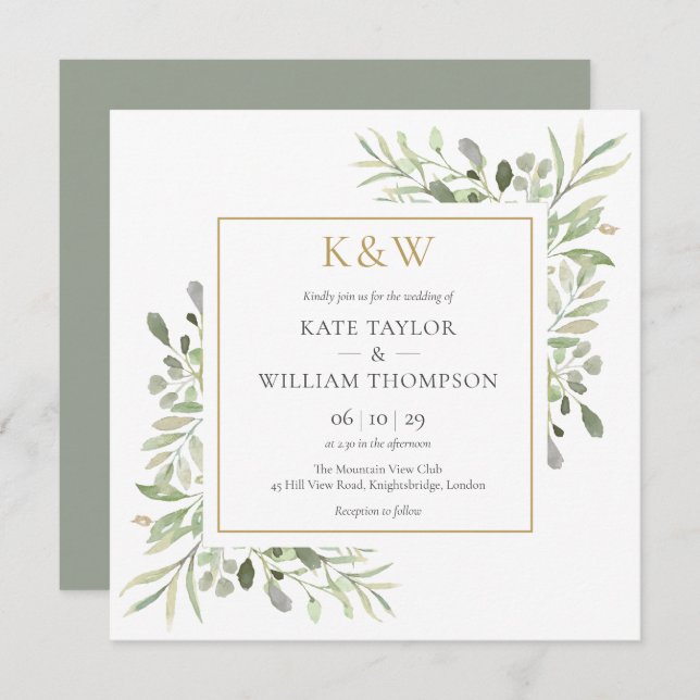 Gold Monogram Greenery Square Wedding Invitation (Front/Back)
