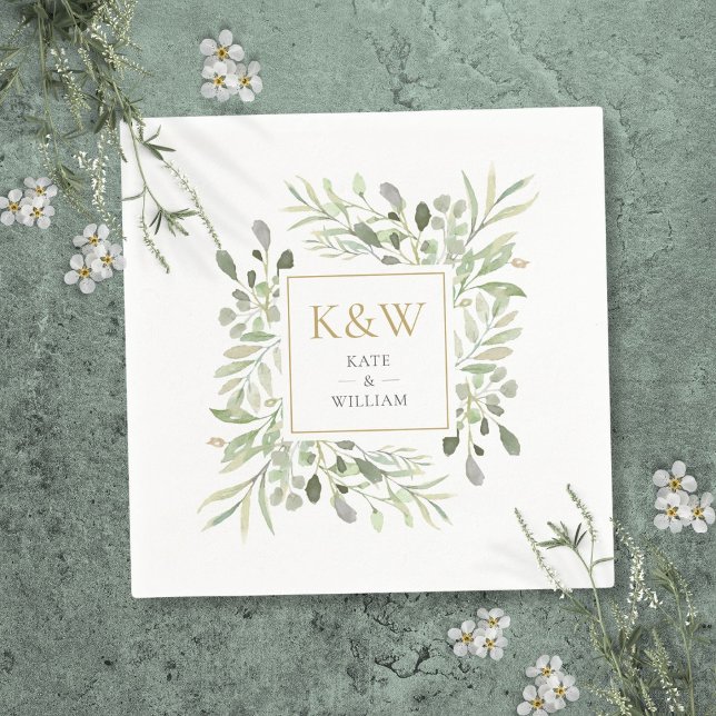 Gold Monogram Greenery Watercolor Wedding Napkin (Gold Monogram Greenery Watercolor Wedding Napkins)