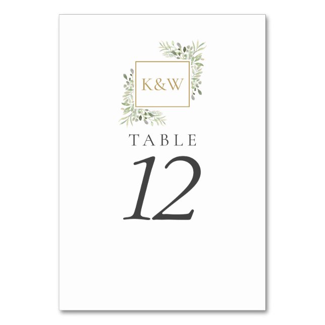 Gold Monogram Greenery Wedding Table Numbers (Front)