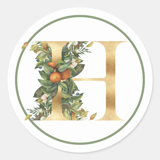 GOLD MONOGRAM H WITH SUMMER FOLIAGE CLASSIC ROUND STICKER (Front)