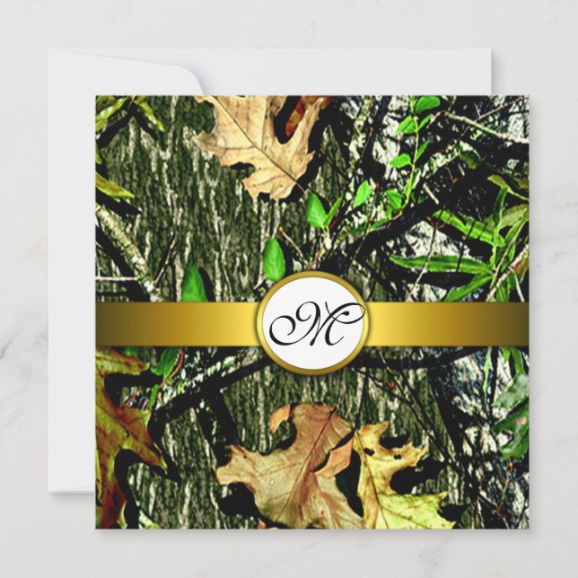 Gold Monogram Hunting Camo Wedding Invitations (Front)