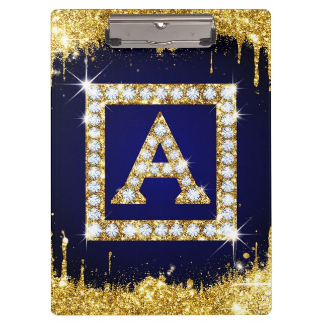 Gold Monogram Initial A With Blue Glitter Clipboard (Front)