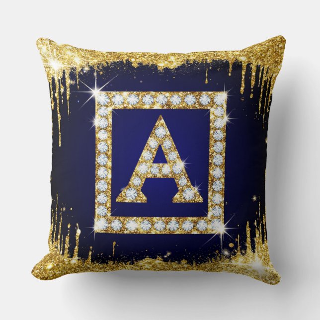 Gold Monogram Initial A With Blue Glitter Cushion (Front)