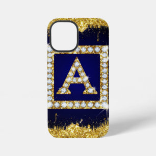 Gold Monogram Initial A With Blue Glitter iPhone 12 Mini Case