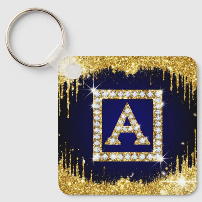 Gold Monogram Initial A With Blue Glitter Key Ring (Front)