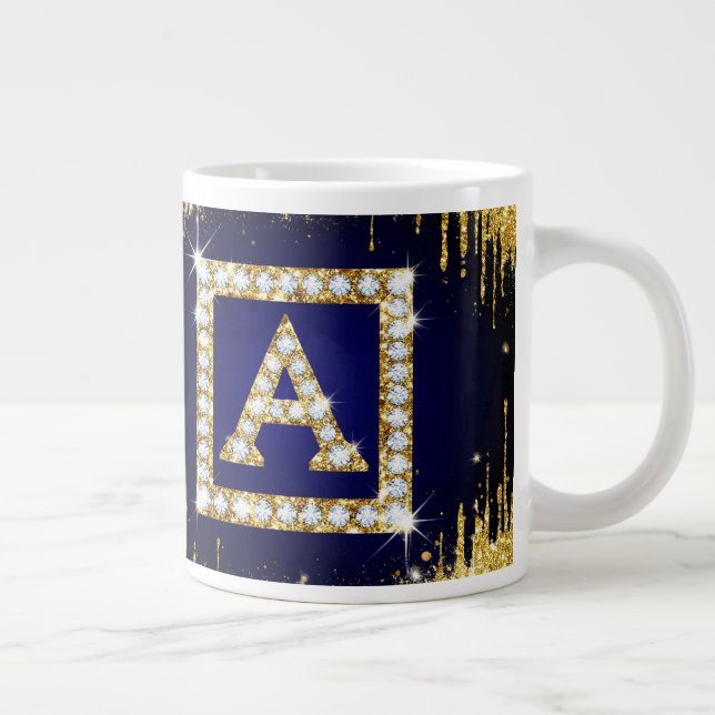 Gold Monogram Initial A With Blue Glitter Large Coffee Mug (Right)