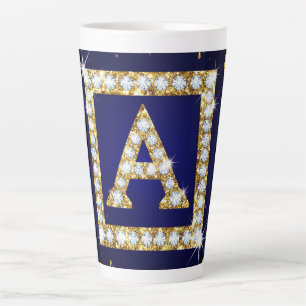 Gold Monogram Initial A With Blue Glitter Latte Mug