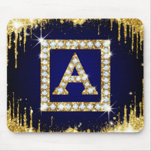Gold Monogram Initial A With Blue Glitter Mouse Pad