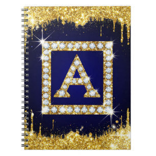 Gold Monogram Initial A With Blue Glitter Notebook