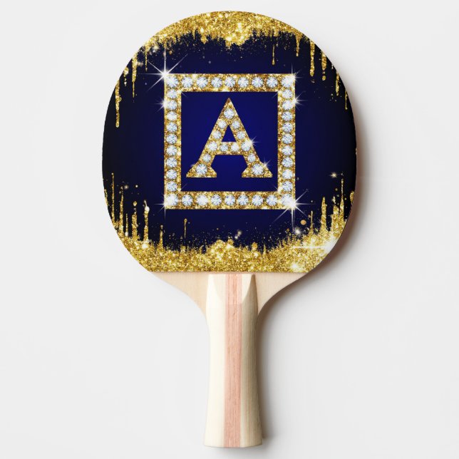 Gold Monogram Initial A With Blue Glitter Ping Pong Paddle (Front)