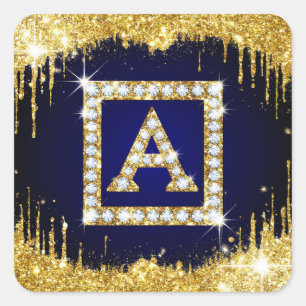 Gold Monogram Initial A With Blue Glitter Square Sticker