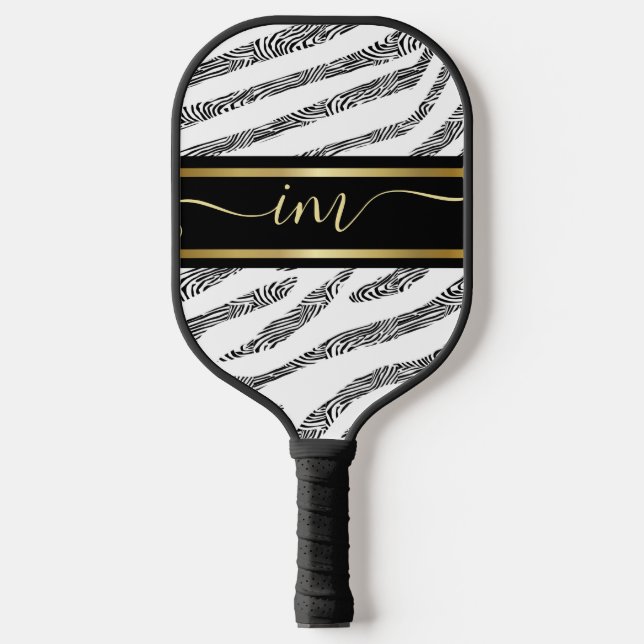 Gold Monogram Initial and Name Personalised Zebra Pickleball Paddle (Front)
