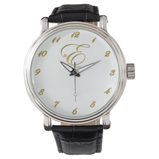 Gold Monogram Initial E with Gold Numbers Watch (Front)